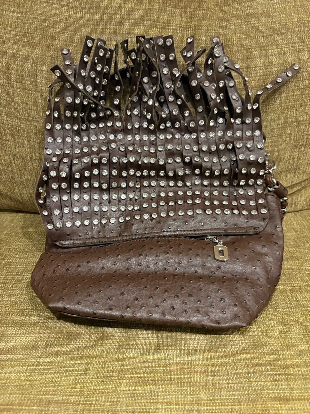 Vintage Y2K Western Boho Rhinestone Fringe Shoulder Bag Ostrich Embossed